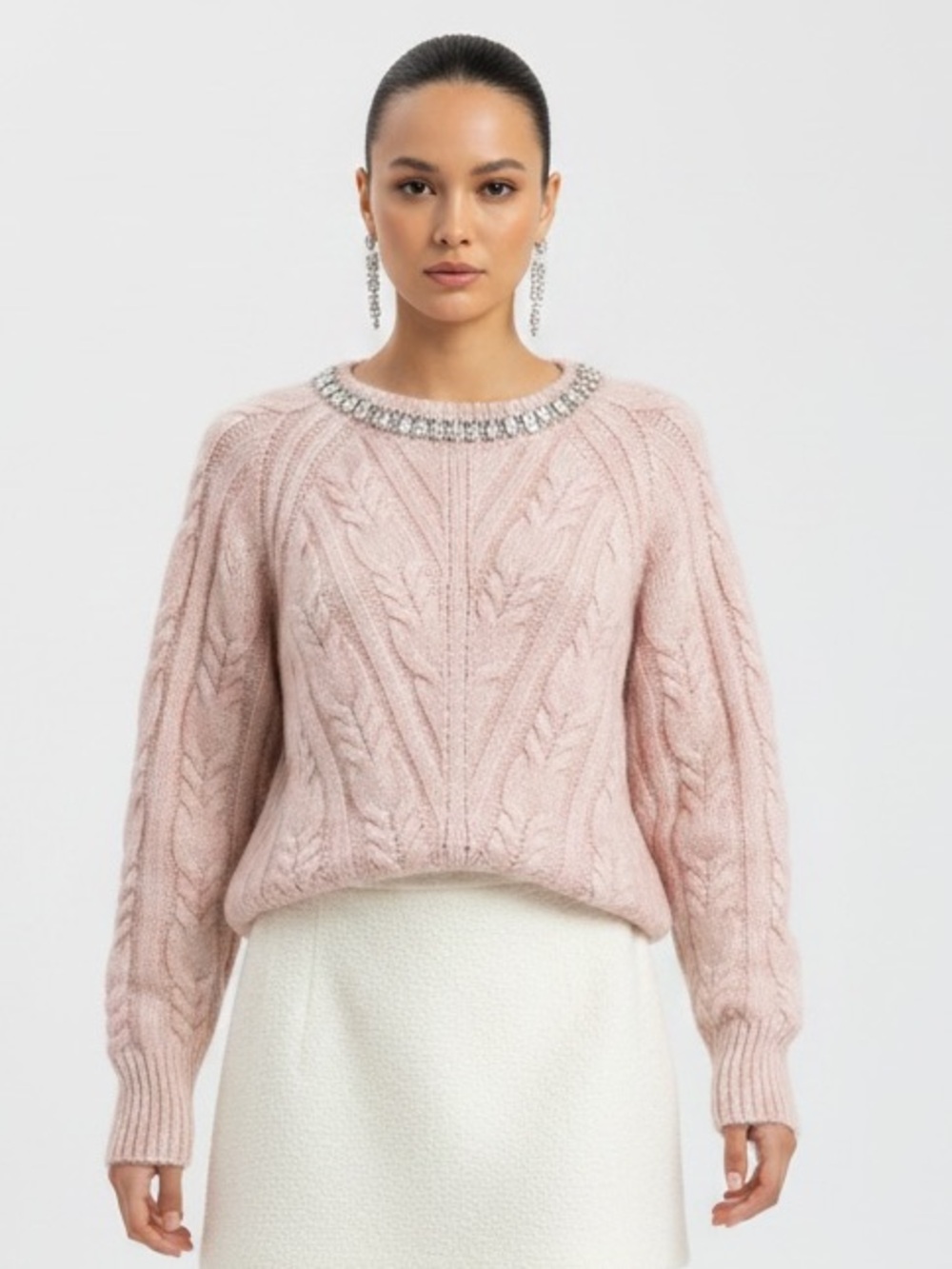 Express Chunky Textured Cable Knit Sweater Jeweled Collar Sz Medium Lt Rose Pink